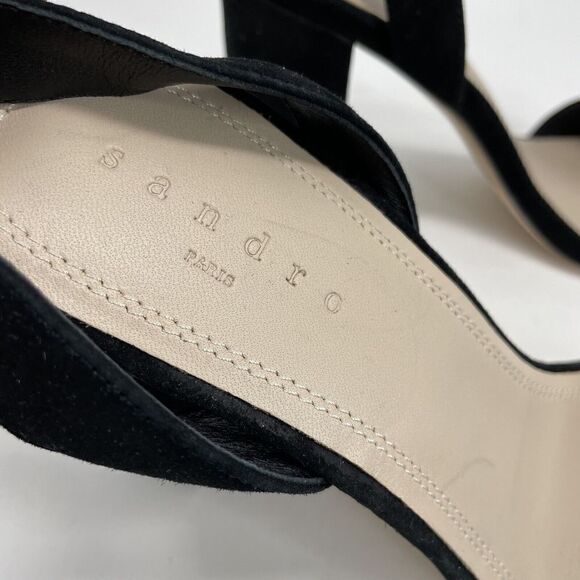 SANDRO Paris Strappy Sandals Womens 40 US 9 Black Suede 4" Heels Ankle-Strap - Picture 10 of 12